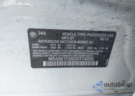 2016 BMW 340I xDrive from USA, damaged, VIN WBA8B7G50GNT14006